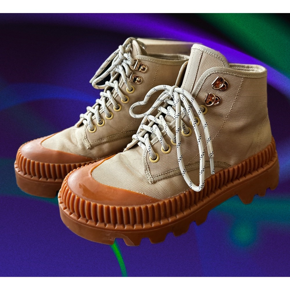 Silent D Tan Canvas Platform Hiking Boots‎ Lug Sole Ankle Booties EU 37 Womens 7